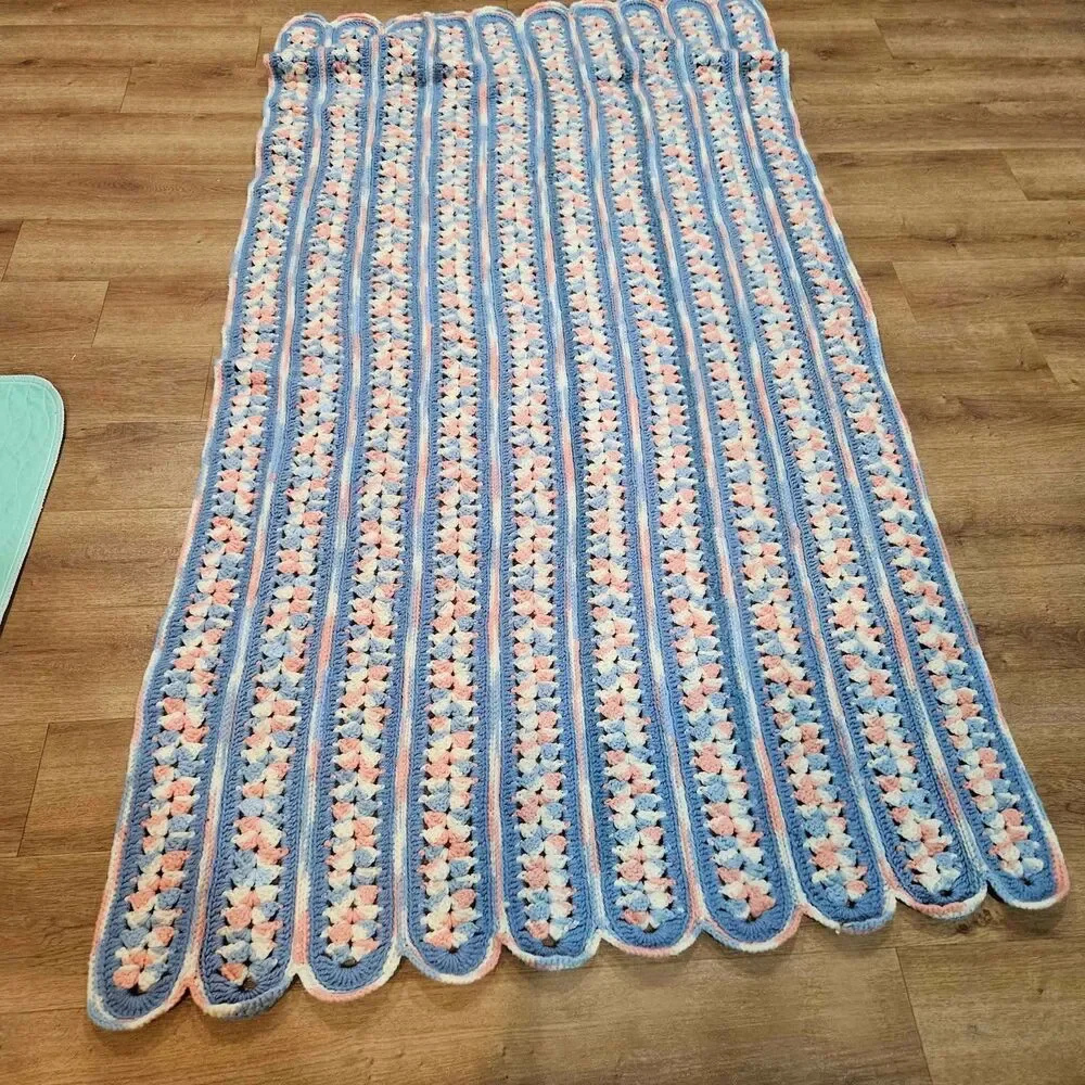 Handmade Crochet Afghan Throw Blanket Blue Pink White Scalloped Edge 60x41